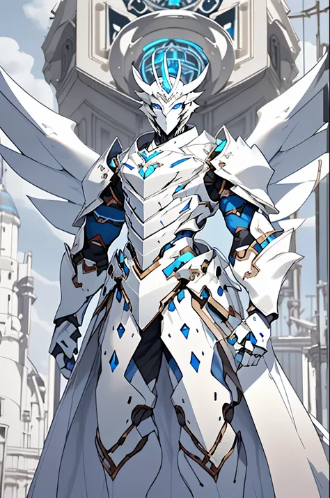 Snow white skin, blue eyes, white hair, handsome boy, white mecha mask, white mecha armor, blue glow, blue aura, blue chest core orb, white gauntlets, white angelic mecha wings