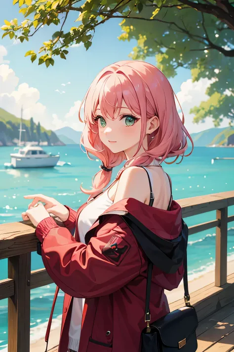 A beautiful middle-aged woman with pink hair and green eyes was posing for a photo by the lake.  