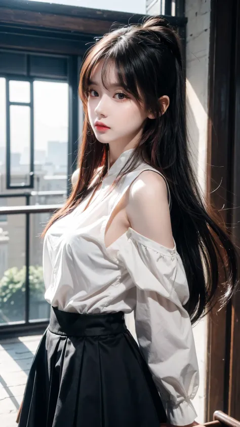 Eris Greyrat, 1 Girl, Solitary, Long hair, Ahog, Red Eyes, Red hair, Bare shoulders,Headbands, Cross your arms,blush, skirt, black Headbands, breast, Separate sleeves,Bangs, Hair between the eyes, Long sleeve, Hair flap, Shut up, black skirt, brown skirt, ...