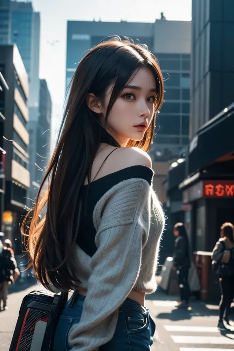 ultra detailed visually rich anime concept art illustration of a woman cap with brown hair, oversized  white sweater hanging off one shoulder, black ripped jeans. Standing  in a city. cute Higuchis playful and vibrant hues, and Meads sleek and futuristic t...