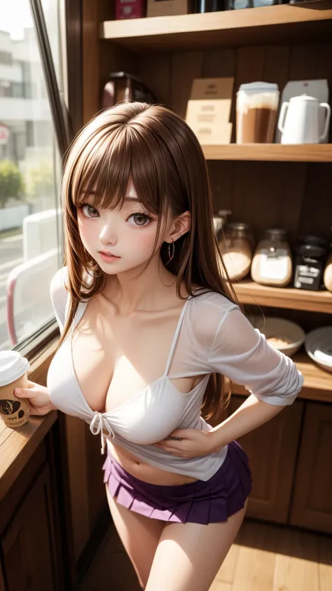 8K quality、High definition eyean Attacking、男に乗るCoffee shopの女店員、A man puts a woman on his hip、Brown and purple long hair、Brown eyes、Ring piercing of the earlobe、Bright sunshine、Coffee shop、、Blouse that hangs down to the chest、Short skirt、Beautiful legs、Beau...