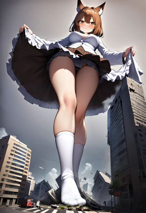 huge，brown hair，fox ears，Teenage girl，short skirt，Teasing the villain，A giant girl taller than a building，Wearing white knee socks，city-destroying，miniature city, Toyed around，low angle of view，shrouded in the villain，Lifted up the skirt，arrogant, feets
