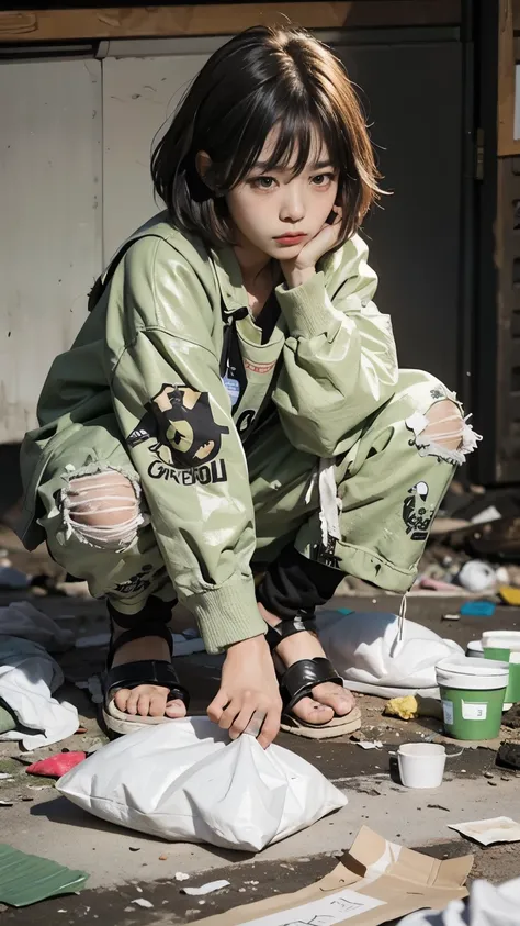 bobcut,garbage dumpでゴミを漁っている,20-year-old,(((homeless))),bad complexion,full of trash,korean women,pitch black,tattered clothes,(...