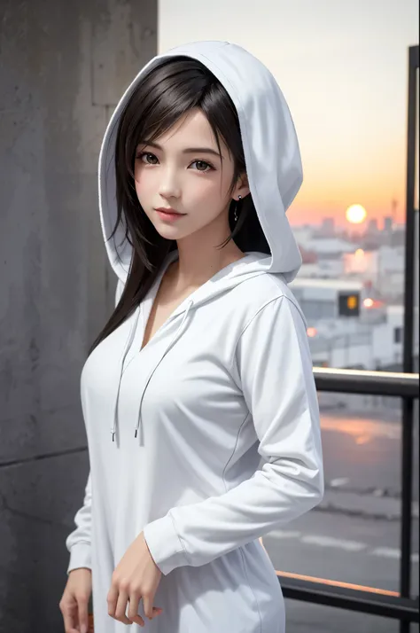 {{top quality, masterpiece}}, (realistic: 1.3), break {{{ff7,tifa_lockhart, solo}}},(oversized large white hooded hoodie:1.3,lon...