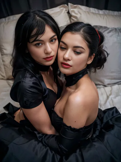 proFessional  photograph oF a gorgeous eyes closed soaked Bettie page girl and  her sister, (( lying on a black satin bed,,  grabbing her from behind, kissing her on the mouth ,)dressed with a large black cloth coat,ponytail Black hair, red lipstick, black...