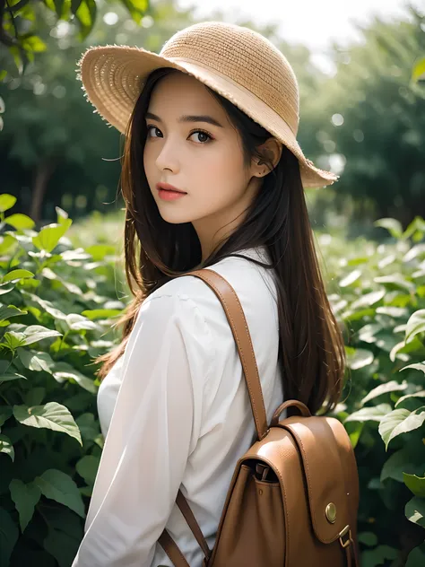 best qualtiy, masterpiece, (realistic:1.6), raw photograph, 1girl, portrait, view from front, deep shading, low tune, soft light, looking to the camera, sexy look, long brown all back hair, safari hat, back pack, day outdoor, city garden background, rim li...