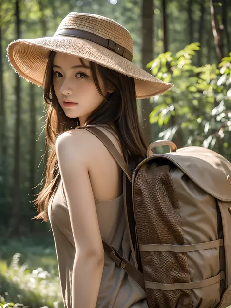 best qualtiy, masterpiece, (realistic:1.6), raw photograph, 1girl, portrait, deep shading, low tune, soft light, looking to the camera, Sexy look, long brown all back hair, safari hat, back pack, 
day outdoor, forest background, deers, lake,

