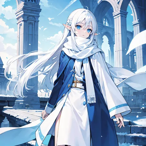 Elf，White long hair，Blue Eyes，Long scarf，