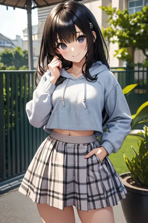 (child),(masterpiece,Highest Quality),Crop Top Look,Pastel Hoodie,(gingham checked skirt),A dark-haired,World of toys, lifting the skirt, revealing her private area, stand outside, look smile to viewers, many style of taking photo