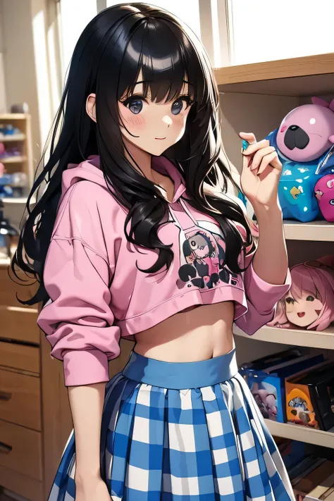 (child)，（​masterpiece，Highest Quality），Crop Top Look，Pastel Hoodie，(gingham checked skirt)，A dark-haired，World of toys, lifting the skirt, revealing her private area, shopping, buy something, face look really fresh