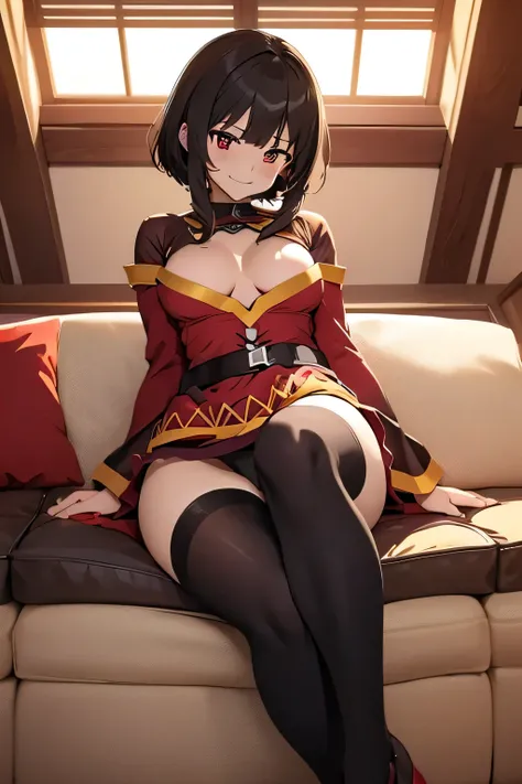 (8k, top quality, masterpiece: 1.2), super detailed, Megumin, Megumin from Konosuba, small breasts,NovaFrogStyle, black panties, Red dress, anime art style, cozy ambience,  accidental exposure, flashing, living room, smirking