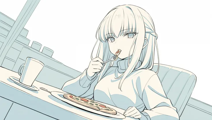 oamhfs, simple background,monochrome,blue theme, 1girl, c.c., code geass, white shirt, long sleeves, turtleneck, sitting, looking at viewer, eating, pizza, plate, fork, knife, table, chair, table, restaurant, cinematic angle,, masterpiece,best quality,
