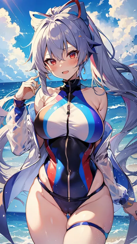 masterpiece, highest quality, Complex, disorganized, 1 girl, alone,  Tomoe, swimsuit saber,  (tomoe Gozen (swimsuit saber) (destiny)),  red eyes, gray hair, parted bangs, hair between eyes, (very long hair), (ponytail), blue bow,  buttocks visible from thi...