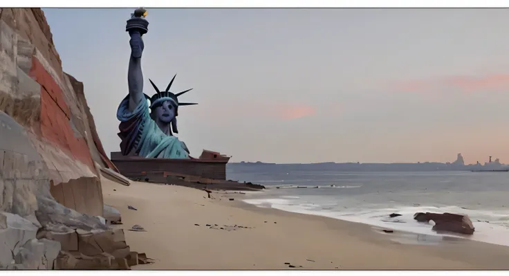 Red sunset、Bloodstained Sea、Empty coast、Broken Statue of Liberty