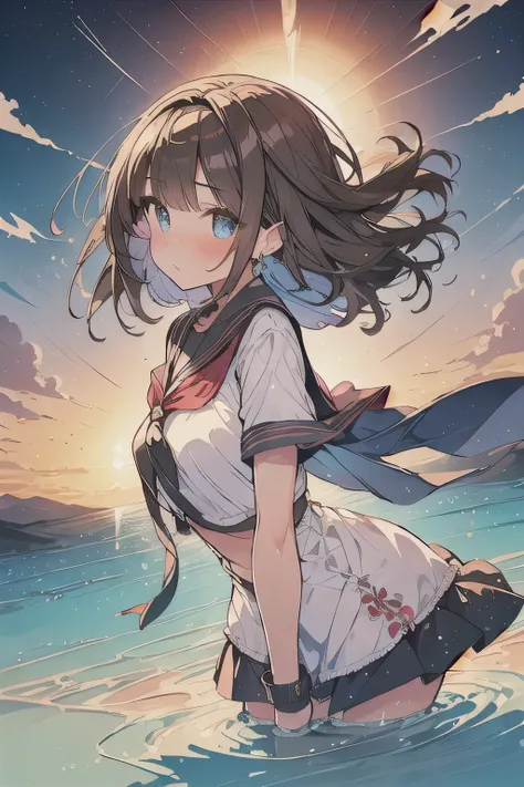 (best quality), (Super detailed), (Best Illustration), (masterpiece), (woman), upper body, (white serafuku), (large breasts), {(detailed eyes), blue eyes}, {brown hair, (sideburns), (bob cut:1.3), curly hair, hairs between eyes, colored inner hair}, blush,...