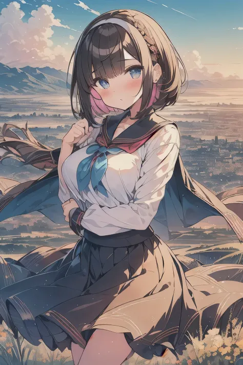 (best quality), (Super detailed), (Best Illustration), (masterpiece), (woman), upper body, (white serafuku), (large breasts), {(detailed eyes), blue eyes}, {brown hair, (sideburns), (bob cut:1.3), curly hair, hairs between eyes, colored inner hair}, blush,...