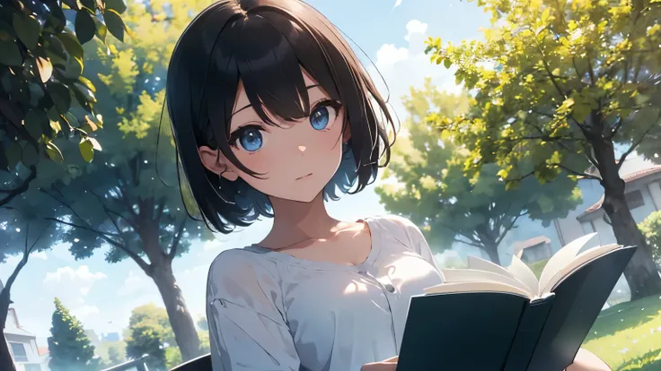 4K res, top quality, masterpiece, cute, short hair, beautiful eyes, sparkling eyes, short hair, lawn, reading a book under a big tree, wide-angle lens