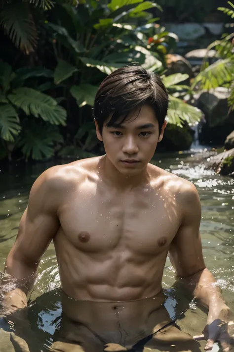 1boy,asian young man, muscular,twink,normal body, in the water ,