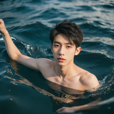 1boy,asian young man,3 days beard,skinny,twink,normal body, in the water ,