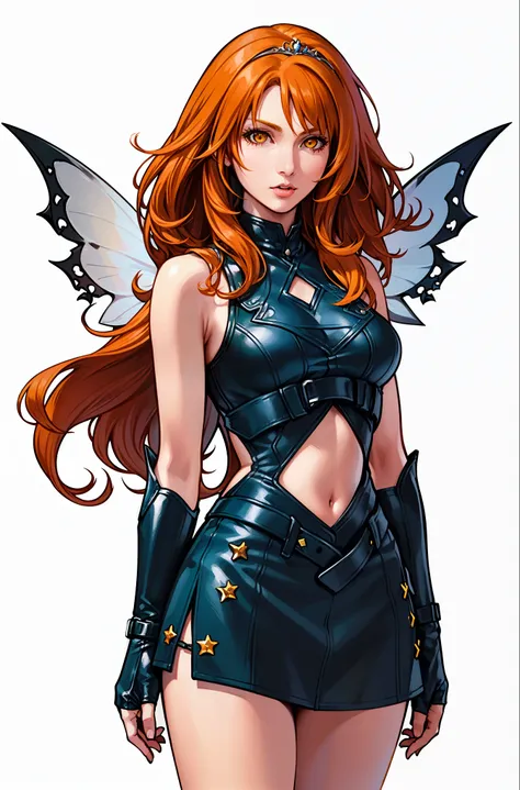 (bloom), (orange hair, yellow eyes, bangs, long hair), (fairy outfit), (black croptop, sleeveless, black skirt, sparkling clothi...