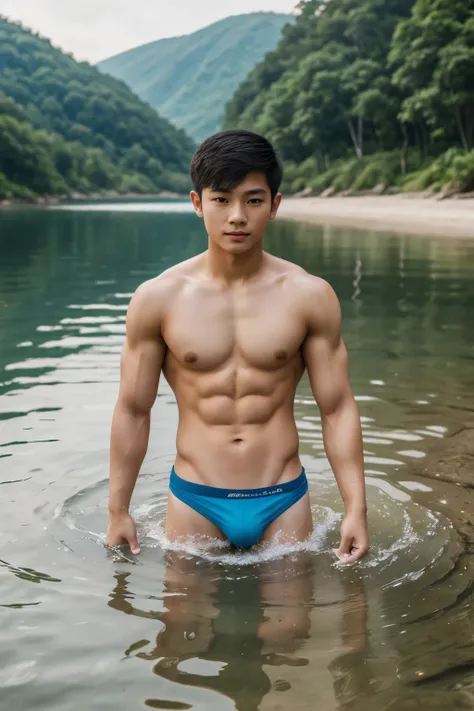 1boy,asian young man, muscular,twink,normal body, in the water ,