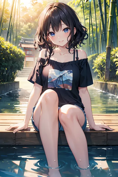 CG, Unity, 8k, wallpaper, highest quality,sunlight、Perfect lighting、 masterpiece, haruka amami, (smile: 1.2), 1 high school girl、Black Hair、Curly Hair、Blue Eyes、Dense lips、Blue T-shirt、Off the shoulder、 BREAK denim shorts, barefoot, Thighs, Best lighting, ...