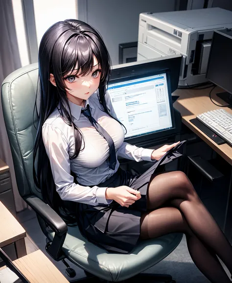 Beauty、Style Batsugun、Nice body、Black Hair、Long Hair、business suit、skirt、pantyhose、office、Sitting in a chair、The whole body is visible、machine