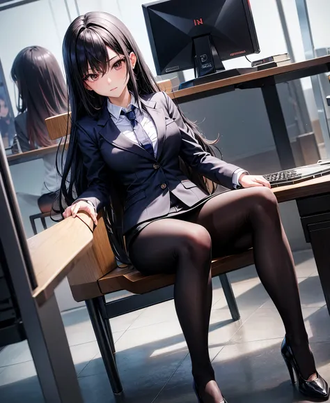 Beauty、Style Batsugun、Nice body、Black Hair、Long Hair、business suit、skirt、pantyhose、office、Sitting in a chair、The whole body is visible、machine