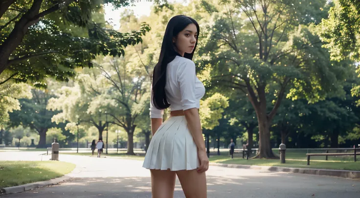 Girl in pleated white skirt, tight shirt with unbuttoned buttons, long black hair, standing full-length, beautiful legs, in the park, back view , looking at the camera, professional photo