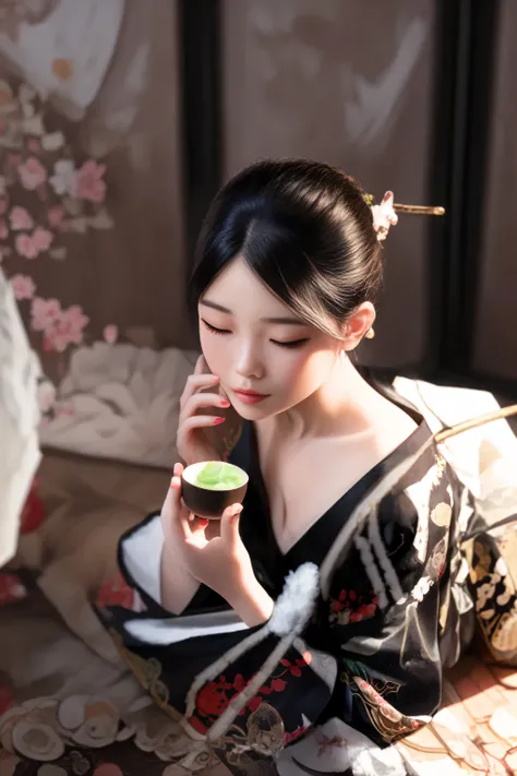 woman in kimono dress eating a cupcake while sitting on the floor, palace ， a girl in hanfu, elegant japanese woman, hanfu, tea ceremony scene, portrait shot, chinese girl, organic seductive geisha, with acient chinese clothes, chinese woman, traditional b...