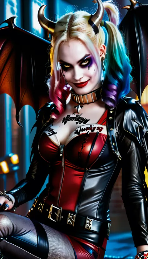 the female character harley quinn with long straight shiny black hair, bright yellow eyes, red skin, with bat wings on her back,...