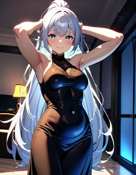 (((1 girl)),ray tracing,(dim lighting),[detailed background (living room)),((silver hair)),(silver hair)),((Fluffy silver hair, plump and slender girl)) with high ponytail))) Avoid golden eyes in the ominous living room, showing a delicate and slender figu...