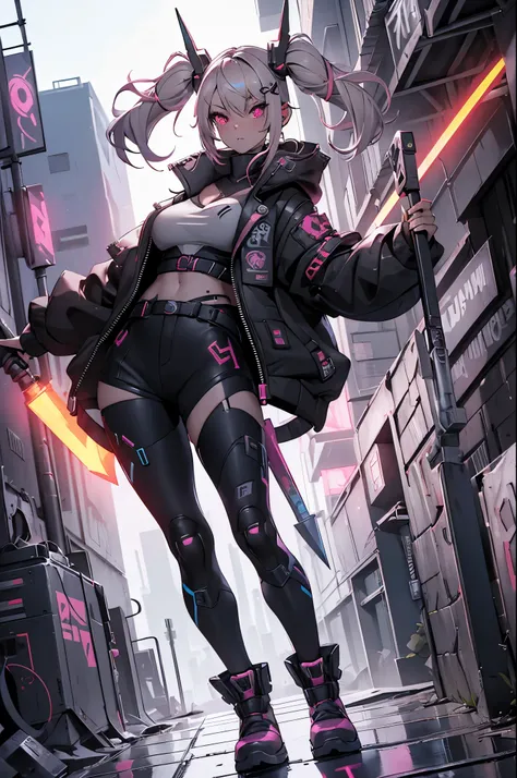 one girl, rebecca \(cyber punk\), ((full body,dynamic angle,holding a weapon in your hands,holding a hammer in your hand:1.35)),...