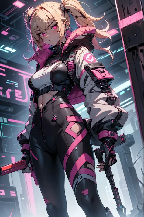 one girl, rebecca \(cyber punk\), ((full body,dynamic angle,holding a weapon in your hands,holding a hammer in your hand:1.35)),...