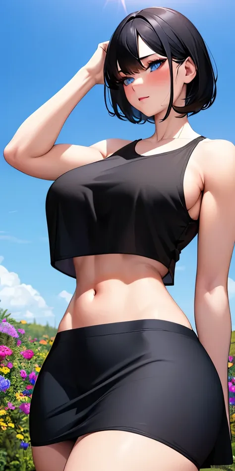 realistic, 1girl, black hair, round big tits. slightly muscular body, sexy body, white skin, blue eyes, crop top, black crop top, skirt, black skirt, blush, night, flowers, sun, sunshine