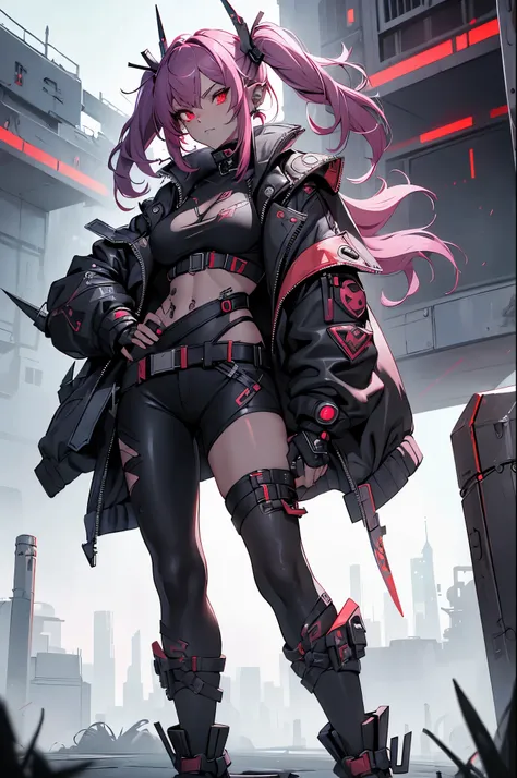 One girl, Rebecca (cyber punk), ((full body,Dynamic Angle,He holds a weapon in his right hand, raised it to his shoulder, and carries it on his shoulder.,Holding a hammer in your hand:1.35)),One Woman,Pink twisted twin tails, glowing Red eyes,Laugh fearles...