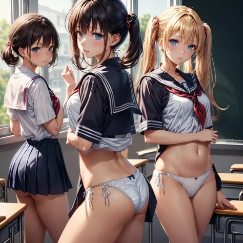 ((セーラー服の女性はセクシーにSchool classroomを歩いている:1.4), ((highest quality)), (Super detailed), (Very detailed CG 統合 8k 壁紙), Very detailed, High resolution raw color photos, Professional photography, Brown Hair, Twin tails, Great face and eyes, Slender body, (Amazingl...