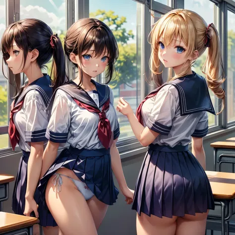 ((セーラー服の女性はセクシーにSchool classroomを歩いている:1.4), ((highest quality)), (Super detailed), (Very detailed CG 統合 8k 壁紙), Very detailed, High resolution raw color photos, Professional photography, Brown Hair, Twin tails, Great face and eyes, Slender body, (Amazingl...