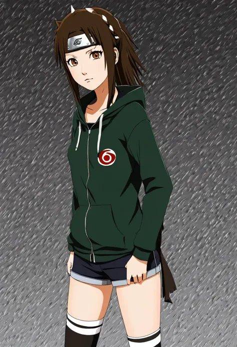 Anime, 2D, Naruto, 18 year old girl, ojos verdes, Brown hair, cola de caballo, ropa negra 