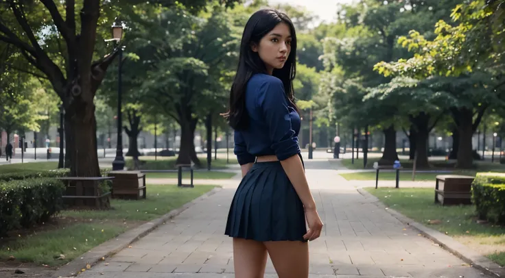 Girl in pleated blue skirt, tight blue shirt with unbuttoned buttons, long detailed black hair, standing full-length, beautiful legs, in park, back view , looking at camera, professional photo