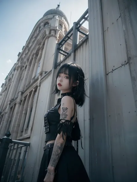 from below, minimum, harmony, tranquility, aesthetic, Steel tower with fine texture details, blue sky, 1 Girl , 24-years-old, slender, floating Medium Hair, bangs, (Gothic_Punk:1.2), masterpiece, best quality, RAW Photos, sigma 50mm f1.4, candytt