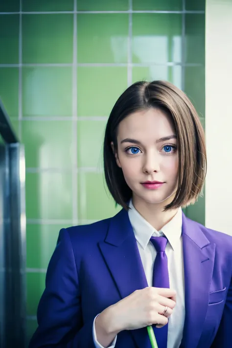 ((best quality)), ((masterpiece)), (detailed), perfect face
A sexy woman is standing in a bathroom
 blue eyes, wearing purple suit and holding a green purple stick. The scene appears to be in aurora light,
 with the individual being the main focus of the i...