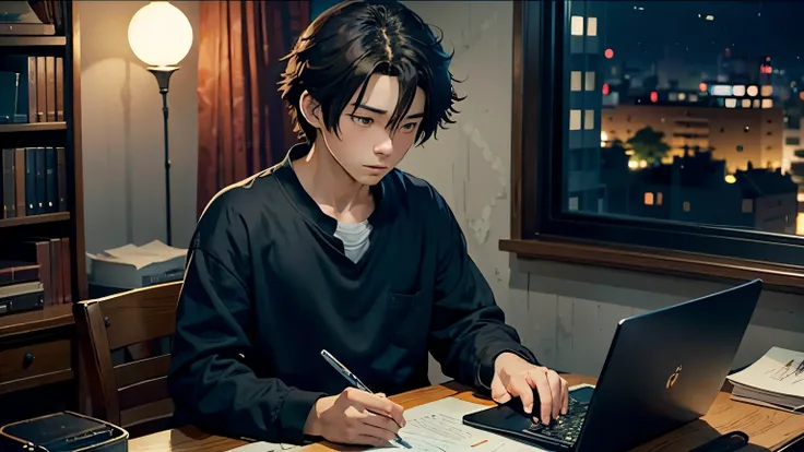 anime character boy sitting at a desk with a laptop and a fluffy toy, lofi artstyle, style in ghibli anime, screenshot from the anime film, animated film still, anime movie screenshot, animated film, miyazakis animated film, in the studio ghibli anime film...