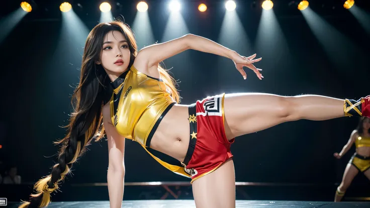 Fine details, huge file size, official art, highly detailed CG Unity 8k wallpaper, long hair, round face, AGE18, full body, gal makeup,hot pants, front angle, HIPHOP dance costume, reggae dance on stage,,