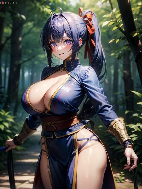 {{{masterpiece}}}, {{{best quality}}}, {{ultra-detailed}}, {cinematic lighting}, {illustration}, {beautifuly detailed eyes}, {1girl}, extremely detailed, 1girl, solo,  A full-body picture of a beautiful ninja warrior, blue hair in two long ponytails, warri...