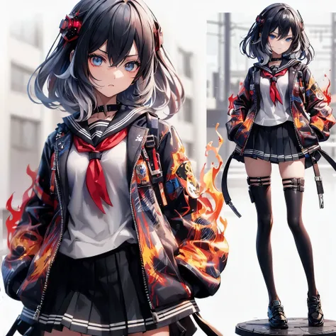 (Masterpiece, top quality), (detailed hair), super detailed, anime style, full body, solo, Cyberpunk rogue high school girl, medium short black hair mixed with gray, Rebellious sky-blue eyes, wearing fire patterned jacket over black sailor uniform, school ...