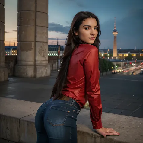 (Best quality, high resolution, ultra detailed: 1.2), HDR, vivid colors, beautiful brunette girl with long black hair, sexy, posing in Berlin, posing in the squares of Berlin, stunning view, red jeans and shirt dress, luxury clothing, cheerful expression, ...