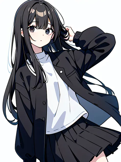 black hair、black eyes、straight hair、black jacket、white skirt、casual clothing、white background