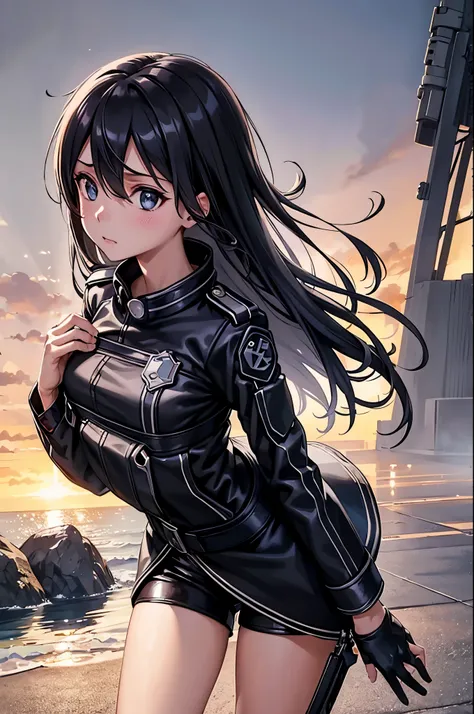 (masterpiece), best quality, expressive eyes, perfect face, highres, 1girl, solo, (female:1.5), kirito, black hair, long hair, b...