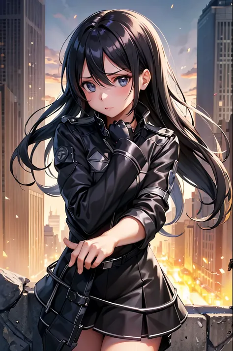 (masterpiece), best quality, expressive eyes, perfect face, highres, 1girl, solo, (female:1.5), kirito, black hair, long hair, b...